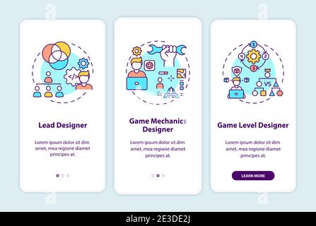 Game designers types onboarding mobile app page screen with concepts Stock Vector