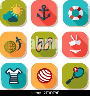 Summer Vacation Icons Set in Flat Design Style. Stock Vector