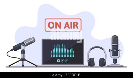 On air. Podcast, radio broadcast, or audio streams, sound recording with microphone and headphones. Online podcast vector illustration set Stock Vector