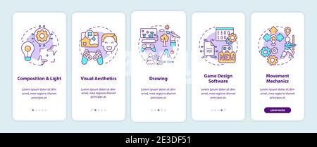 Game designer skills onboarding mobile app page screen with concepts Stock Vector