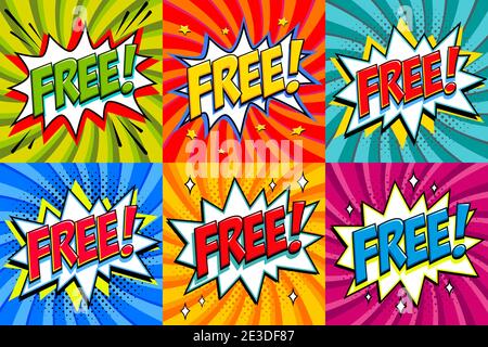 Free - Comic book style stickers. Free banners in pop art comic style. Color summer banners in pop art style Ideal for web. Decorative backgrounds Stock Vector