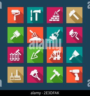 Flat Construction And Repair Icons Set Created For Mobile, Web And Applications. Stock Vector
