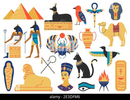 Ancient egypt symbols. Mythological creatures, egypt gods, pyramid and sacred animals. Egypt religion and mythology symbols vector illustration set