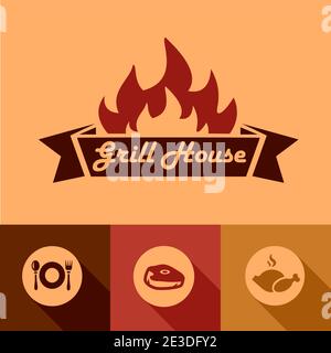 Illustration of Grill House Design Elements in Flat Design Style. Stock Vector