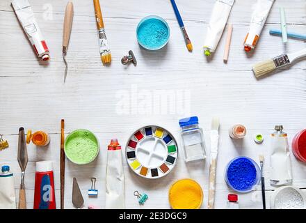 Painting equipment on white background - top view Stock Photo