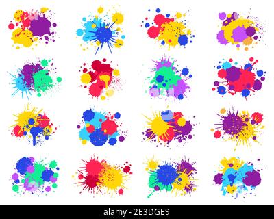 Color paint splashes. Abstract bright ink blots and splashes, painted liquid drops and splatters. Colorful ink drop traces vector illustration set Stock Vector