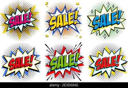 Black Friday sale set. Comic style template banners. 4 Sale inscriptions on black and red backgrounds. Pop-art comics style web banners, flash Stock Vector