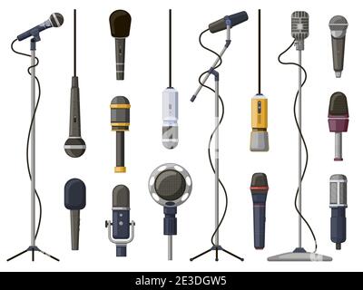 Music microphones. Studio sound, broadcast, or music record equipment, music record technology. Microphone for audio broadcast vector illustration set Stock Vector
