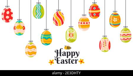 Easter hanging eggs. Cartoon spring decorations, cute hanging easter decorative eggs vector background illustration. Happy easter colorful eggs Stock Vector