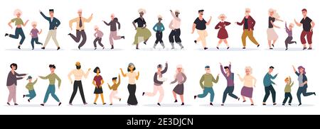 Happy dancing families. Parents dancing with children, mom, dad and kids having fun together, party at home. Family celebrating vector illustration Stock Vector