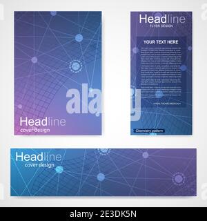 Set flyer, brochure size A4 template,banner. Molecular structure with connected lines and dots. Scientific pattern atom DNA with elements for magazine Stock Vector