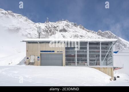 Zugspitze, Germany - Aug 5, 2020: Sonnenkar cable car for ski field in summer snow Stock Photo