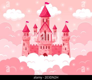 Cartoon fairy tale pink castle. Magic fairytale medieval tower, princess castle in pink clouds vector fabulous illustration. Majestic pink castle Stock Vector