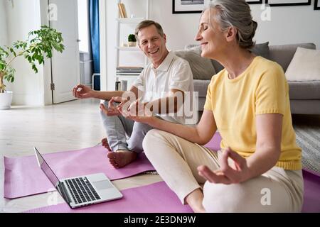 Happy senior couple having fun learning to meditate, watching online yoga class. Stock Photo
