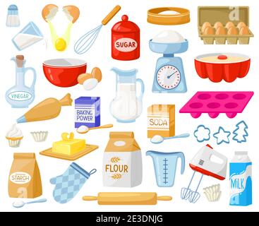 Cartoon baking ingredients. Bakery ingredients, baking flour, eggs, butter and milk vector illustration set. Pastry prepare cooking ingredients Stock Vector