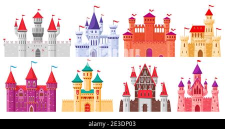 Cartoon medieval castles. Fairytale medieval towers, historical royal kingdom castles. Ancient fortress castles cartoon vector illustration set Stock Vector