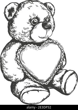 Teddy bear with a heart in paws hand drawn vector illustration realistic sketch. Stock Vector