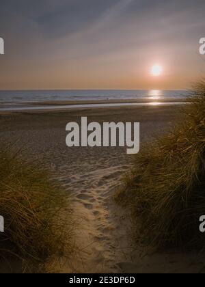 Small path between marram grass covered dunes leading towards romantic scenery prior to sunset Stock Photo