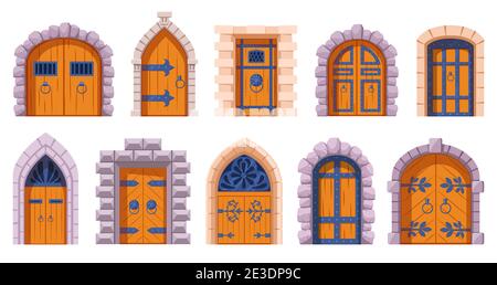 Castle medieval doors. Cartoon ancient fortress wooden gates, medieval kingdom castles gate vector illustration set. Medieval tower arch doors Stock Vector