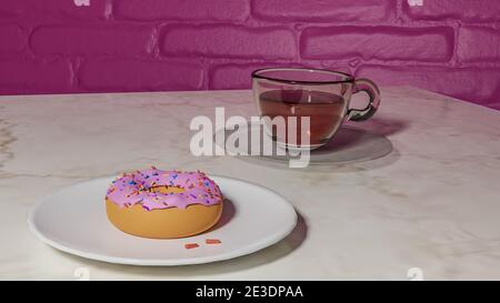 Closeup shot of a yummy doughnut and a cup of tea on the table Stock Photo