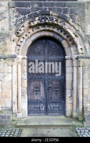 12th century Norman entrance to Bakewell All Saints Church in the Peak District Stock Photo
