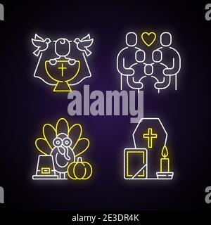 Family tradition and special occasions neon light icons set Stock Vector