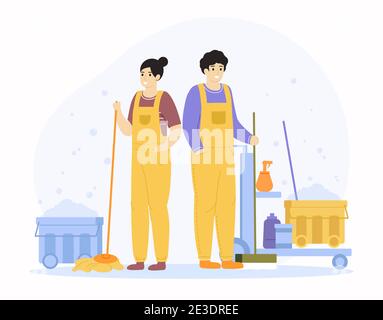 Cleaning service characters. Professional cleaner workers, domestic housekeeping service people. Cleaner company male and female employees vector Stock Vector