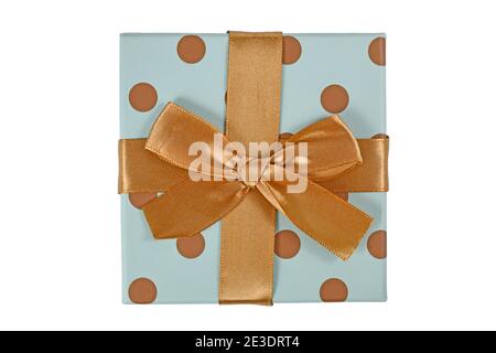 Blue gift box with golden dots and bow isolated on white background Stock Photo