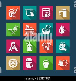 Flat Vector Black Cleaning Icons Set. Stock Vector