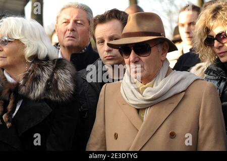 French singer Charles Aznavour pays homage to fashion designer Ted Lapidus during his funeral at the Pere Lachaise cemetery in Paris, France on January, 02, 2009. Ted Lapidus died on December 29 at age 79 in a hospital in Cannes on the French Rivera. Photo by Giancarlo Gorassini/ABACAPRESS.COM Stock Photo