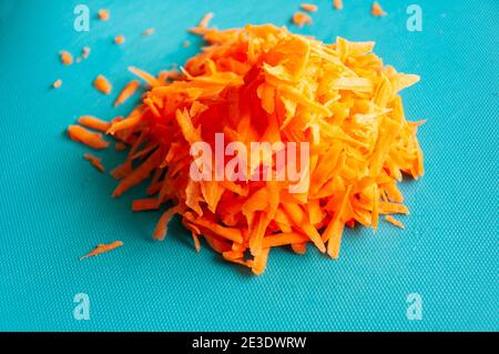 https://l450v.alamy.com/450v/2e3dwrw/closeup-fresh-grated-carrot-on-a-blue-plastic-cutboard-2e3dwrw.jpg