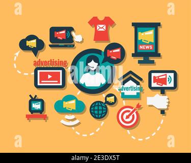 Advertising Icons Set in Flat Design Style. Stock Vector