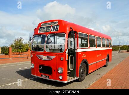 Barry, Wales - August 2017: Vintage public service bus. It was operated in the South Wales valleys by the Red and White bus company. Stock Photo