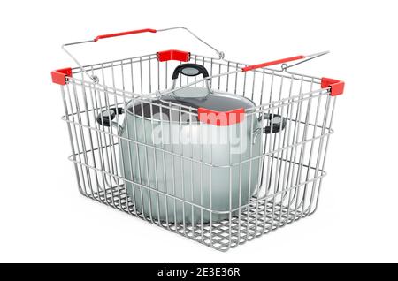 Stainless steel stock pot with glass cover inside shopping basket, 3D rendering isolated on white background Stock Photo