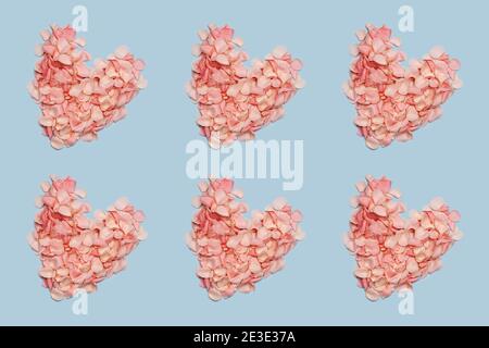 the hearts from pink petals on blue paper background. Pattern. Stock Photo