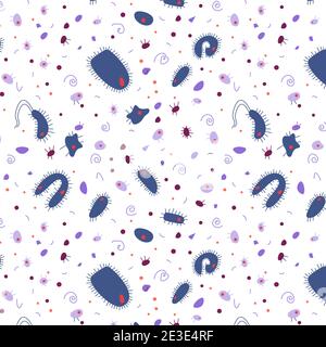Doodle style, handdrawn drawing pattern on transparent background. Medical vector composition. Colorful blue bacterial cells under a microscope. Stock Vector