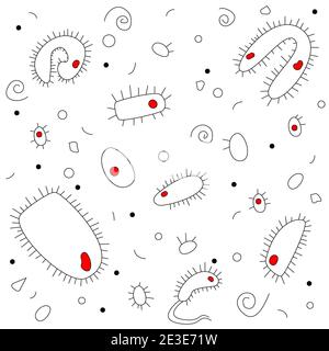 Doodle style, handdrawn drawing. Black and white bacteria with a red nucleus on a white background. Stock Vector