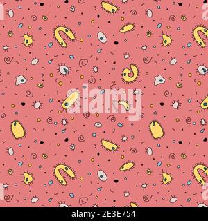Doodle style, handdrawn drawing pattern in pink background. Medical vector composition. Colorful yellow bacterial cells under a microscope. Stock Vector