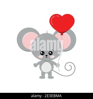 Cute mouse with heart shape balloon in paw isolated on white background. Stock Vector