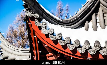 Montreal, Canada - January 5 2021: Chinese style pavillon in the Botanical Garden of Montreal Stock Photo