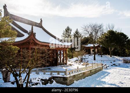 Montreal, Canada - January 5 2021: Chinese style pavillon in the Botanical Garden of Montreal Stock Photo