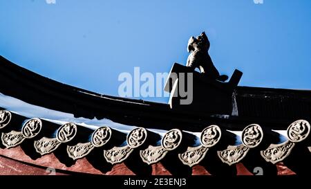 Montreal, Canada - January 5 2021: Delicate Decoration on Chinese style pavillon roof ridge in the Botanical Garden of Montreal Stock Photo