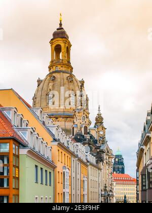 Dome of Dresden Frauenkirche behind buildings of Old Town, Germany Stock Photo
