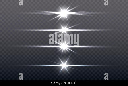 Flare light set. Silver glowing light on transparent background. Bright stars collection. Optical sun flash effect. Shining elements. Vector Stock Vector