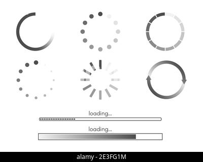 Loading bar set on white backdrop. Progress round icons. Circle and line visualization. Download status collection. Web page load elements. Vector Stock Vector