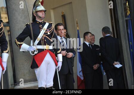 French president Nicolas Sarkozy attends Lebanese President Michel Sleiman at the Elysee palace in Paris, France on March 16, 2009. Photo by Abd Rabbo-Mousse//ABACAPRESS.COM Stock Photo