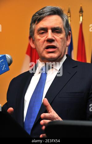 British Prime Minister Gordon Brown answers a question at a press conference at the United Nations headquarters in New York City, USA on March 25, 2009. Photo by Gregorio Binuya/ABACAPRESS.COM (Pictured : Gordon Brown ) Stock Photo