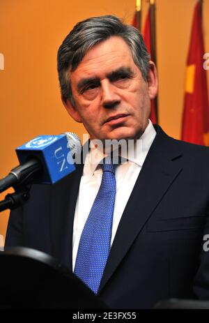 British Prime Minister Gordon Brown answers a question at a press conference at the United Nations headquarters in New York City, USA on March 25, 2009. Photo by Gregorio Binuya/ABACAPRESS.COM (Pictured : Gordon Brown ) Stock Photo