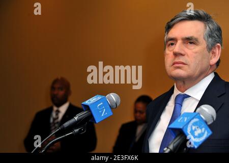 British Prime Minister Gordon Brown answers a question at a press conference at the United Nations headquarters in New York City, USA on March 25, 2009. Photo by Gregorio Binuya/ABACAPRESS.COM (Pictured : Gordon Brown ) Stock Photo