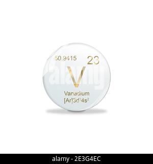 3D-Illustration, Vanadium symbol - V. Element of the periodic table on white ball with golden signs. White background Stock Photo
